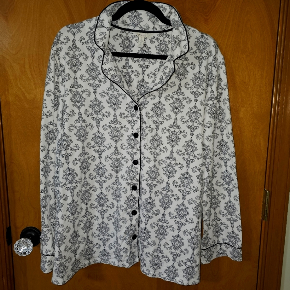 SOMA INTIMATES Women White & Black Damask Print Sleep Top XLARGE